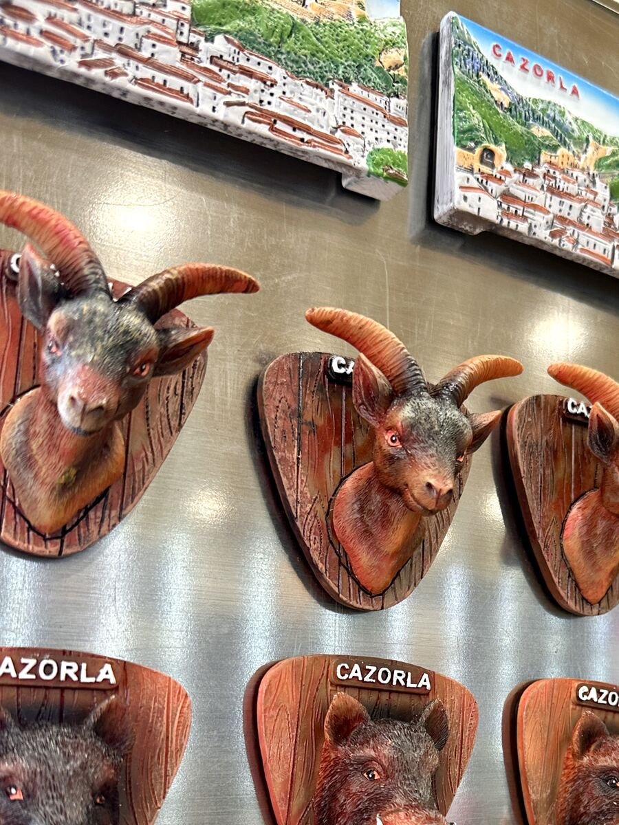 Imanes con cabezas de animales de la sierra en la tienda de Cazorla